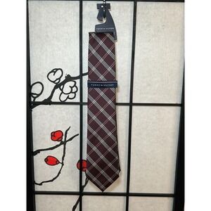 Tommy Hilfiger Men's Neck Tie Red Burgundy‎ White Plaid New  58"x3"